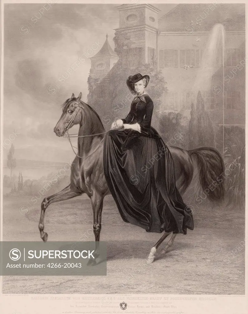 Portrait of Elisabeth of Bavaria on horseback by Fleischmann, Andreas Johann (1811-1878)/ Private Collection/ 1853/ Germany/ Copper engraving/ Academic art/ 62x51/ Portrait