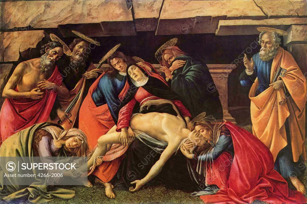 Lamentation over Jesus' dead body by Sandro Botticelli, tempera on panel, 1490-1492, 1445-1510, Florentine School, Germany, Munich, Alte Pinakothek, 140x207