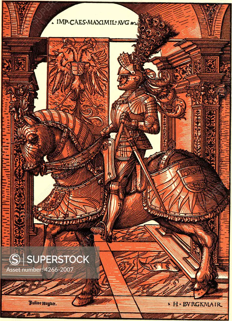 Maximilian I sitting on horse by Hans Burgkmair the Elder, color woodcut, 1508, 1473-1531, Private Collection