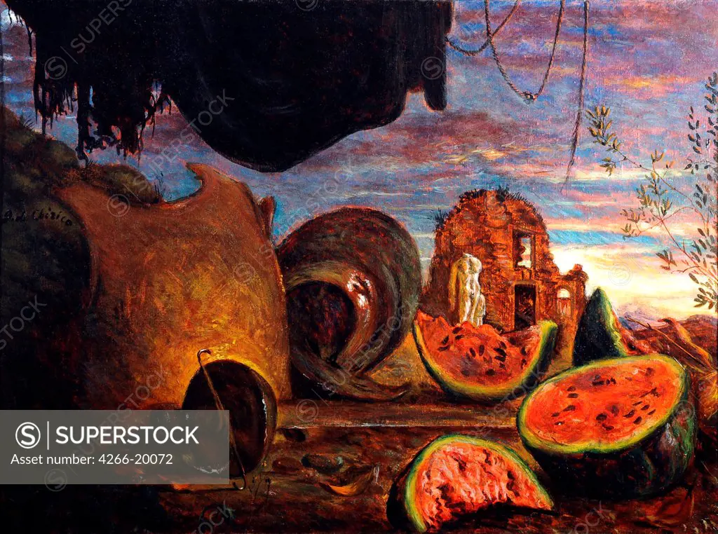 Watermelons and Armour in Landscape (Cocomeri con corazze e paesaggio) by De Chirico, Giorgio (1888-1978)/ Private Collection/ 1924/ Italy/ Oil on canvas/ Surrealism/ 74x100/ Landscape,Still Life