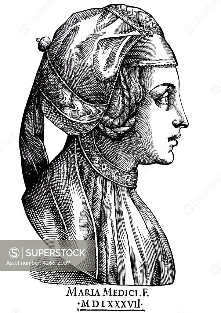 Portrait of Marie Medici by unknown painter, woodcut, 1590s, 1575-1642, Private Collection