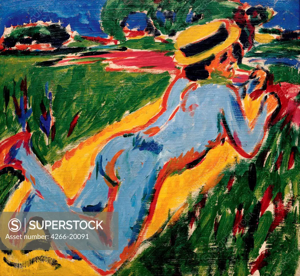Recycling Blue Nude in a Straw Hat by Kirchner, Ernst Ludwig (1880-1938)/ Private Collection/ 1909/ Germany/ Oil on cardboard/ Expressionism/ 68x72/ Genre,Nude painting
