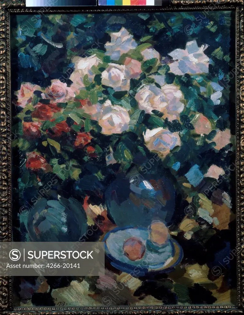 Roses in a blue jug by Korovin, Konstantin Alexeyevich (1861-1939)/ State Tretyakov Gallery, Moscow/ 1917/ Russia/ Oil on canvas/ Postimpressionism/ 89x67,5/ Still Life