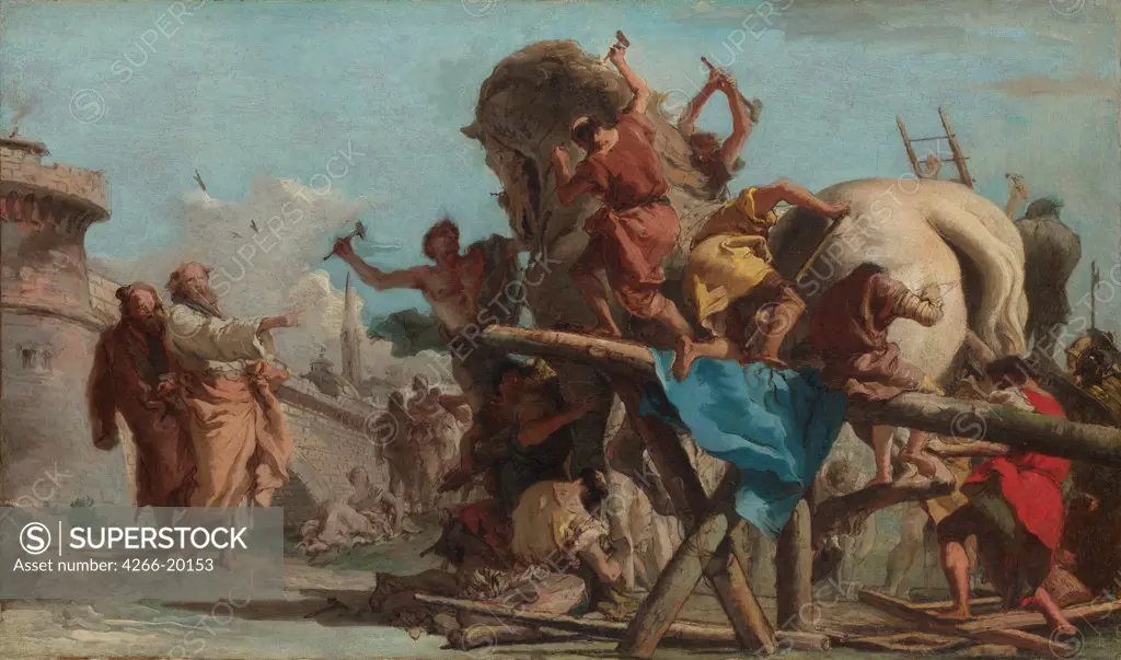 The Building of the Trojan Horse by Tiepolo, Giandomenico (1727-1804)/ National Gallery, London/ ca 1760/ Italy, Venetian School/ Oil on canvas/ Baroque/ 38,8x66,7/ Mythology, Allegory and Literature,History