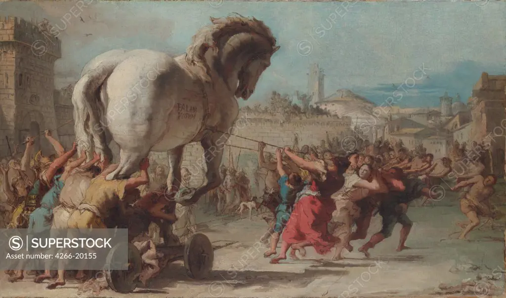 The Procession of the Trojan Horse into Troy by Tiepolo, Giandomenico (1727-1804)/ National Gallery, London/ ca 1760/ Italy, Venetian School/ Oil on canvas/ Baroque/ 38,8x66,7/ Mythology, Allegory and Literature,History