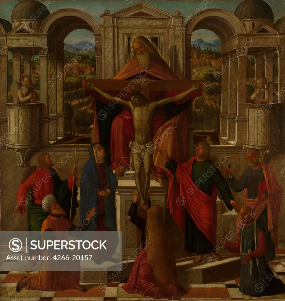 Symbolic Representation of the Crucifixion by Mansueti, Giovanni di Niccolo (c. 1465-1527)/ National Gallery, London/ c. 1492/ Italy, Venetian School/ Oil on canvas/ Renaissance/ 129,5x124/ Bible