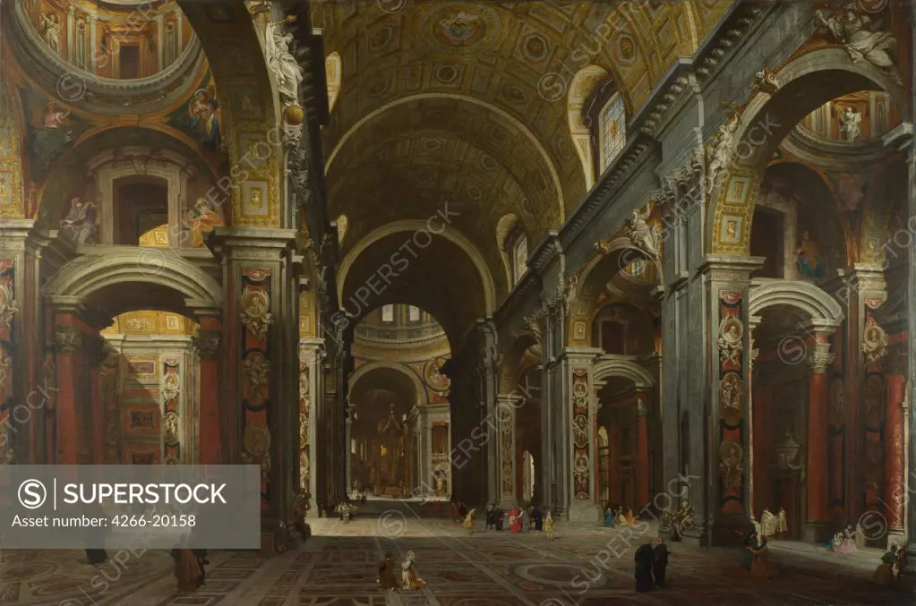 Interior of the Basilica of Saint Peter in Rome by Panini, Giovanni Paolo (1691-1765)/ National Gallery, London/ before 1742/ Italy, Roman School/ Oil on canvas/ Rococo/ 149,8x223/ Architecture, Interior