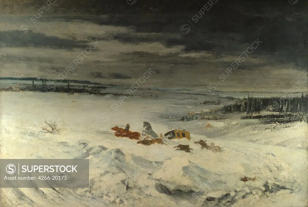 The Diligence in the Snow by Courbet, Gustave (1819-1877)/ National Gallery, London/ 1860/ France/ Oil on canvas/ Realism/ 137,2x199/ Landscape,Genre