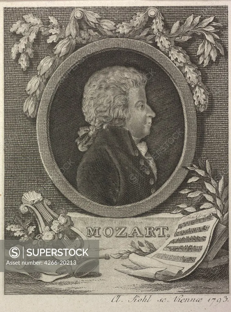 Wolfgang Amadeus Mozart by Kohl, Clemens (1754-1807)/ Private Collection/ 1793/ Austria/ Copper engraving/ Rococo/ Portrait