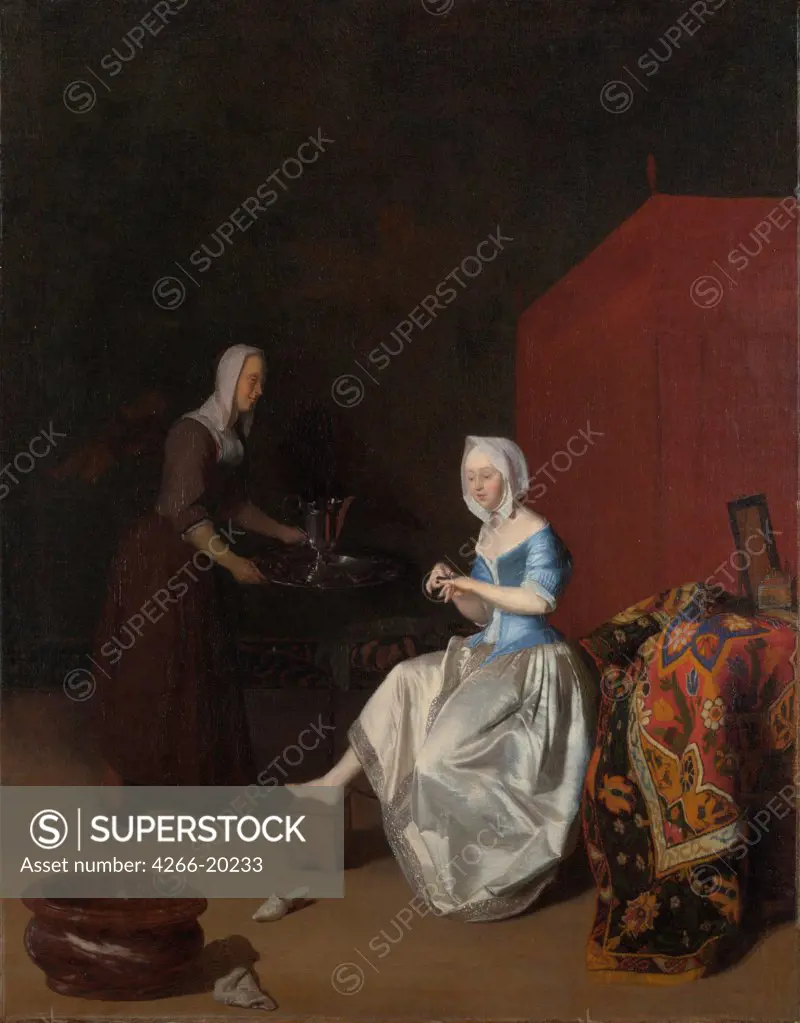 A Young Lady trimming her Fingernails, attended by a Maidservant by Ochtervelt, Jacob Lucasz. (1634-1682)/ National Gallery, London/ c. 1670/ Holland/ Oil on canvas/ Baroque/ 74,6x59/ Genre