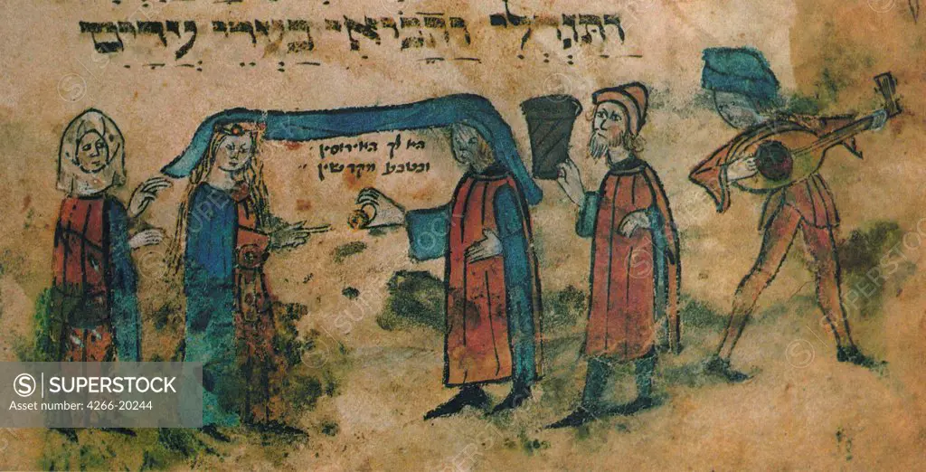 Marriage. Haggadah by Anonymous  / Museum Judenplatz, Vienna/ Mid of the 15th cen./ Watercolour on parchment/ Medieval art/ Genre,Mythology, Allegory and Literature,History