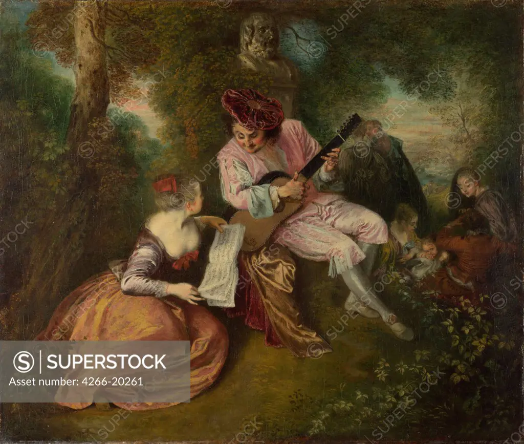 The Scale of Love (La Gamme d'Amour) by Watteau, Jean Antoine (1684-1721)/ National Gallery, London/ 1715-1716/ France/ Oil on canvas/ Rococo/ 50,8x59,7/ Genre