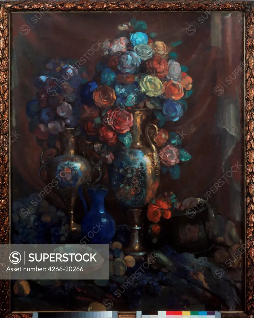Still life. Vases, flowers and fruits by Sapunov, Nikolai Nikolayevich (1880-1912)/ State Tretyakov Gallery, Moscow/ 1912/ Russia/ Tempera on canvas/ Art Nouveau/ 147,2x115,8/ Still Life