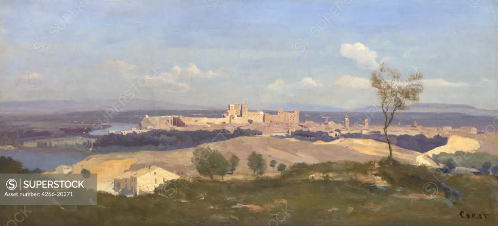 Avignon from the West by Corot, Jean-Baptiste Camille (1796-1875)/ National Gallery, London/ 1836/ France/ Oil on canvas/ Barbizon/ 34x73,2/ Landscape