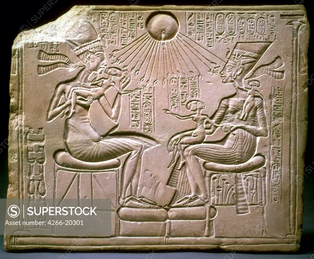 The royal family: Akhenaten, Nefertiti and their children by Ancient Egypt  / Staatliche Museen, Berlin/ ca 1350 BC/ Egypt/ Limestone/ Egyptian Art/ History,Objects
