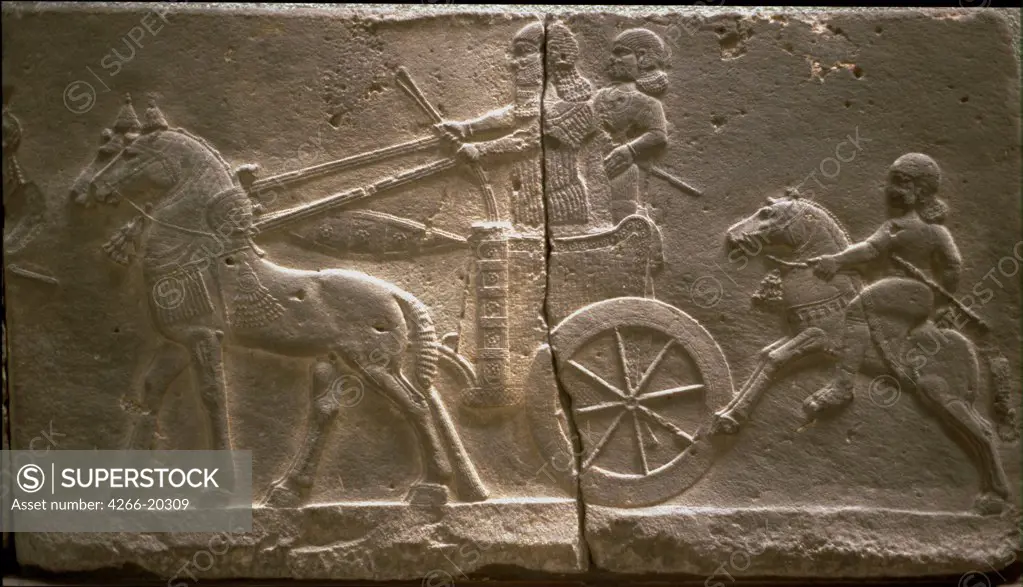Chariot and cavalryman by Assyrian Art  / Museum of Oriental Antiquities, Istanbul/ 8th cen. BC/ Limestone/ The Oriental Arts/ Objects