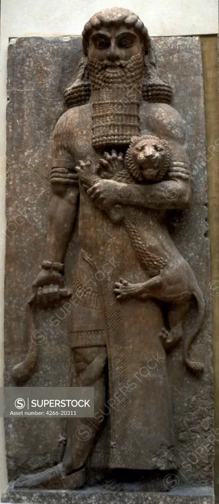 Hero Gilgamesh mastering a lion by Assyrian Art  / Louvre, Paris/ 722-705 BC/ Bas-relief/ The Oriental Arts/ Mythology, Allegory and Literature,Objects