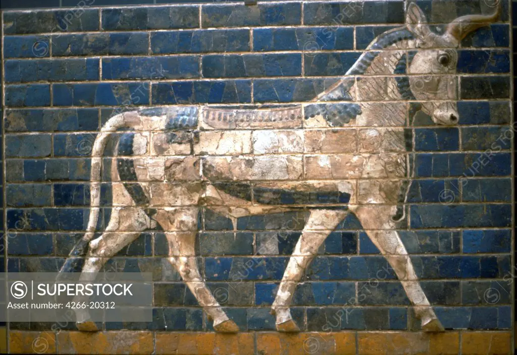 The Ishtar Gate, Babylon. Relief of bull by Assyrian Art  / Pergamon Museum, Berlin/ 6th century BC/ Bas-relief/ The Oriental Arts/ Objects,Animals and Birds