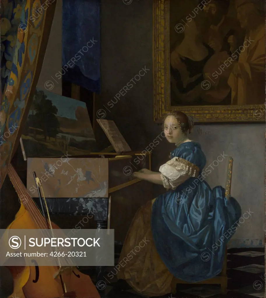 A Young Woman seated at a Virginal by Vermeer, Jan (Johannes) (1632-1675)/ National Gallery, London/ c. 1670/ Holland/ Oil on canvas/ Baroque/ 51,5x45,5/ Genre