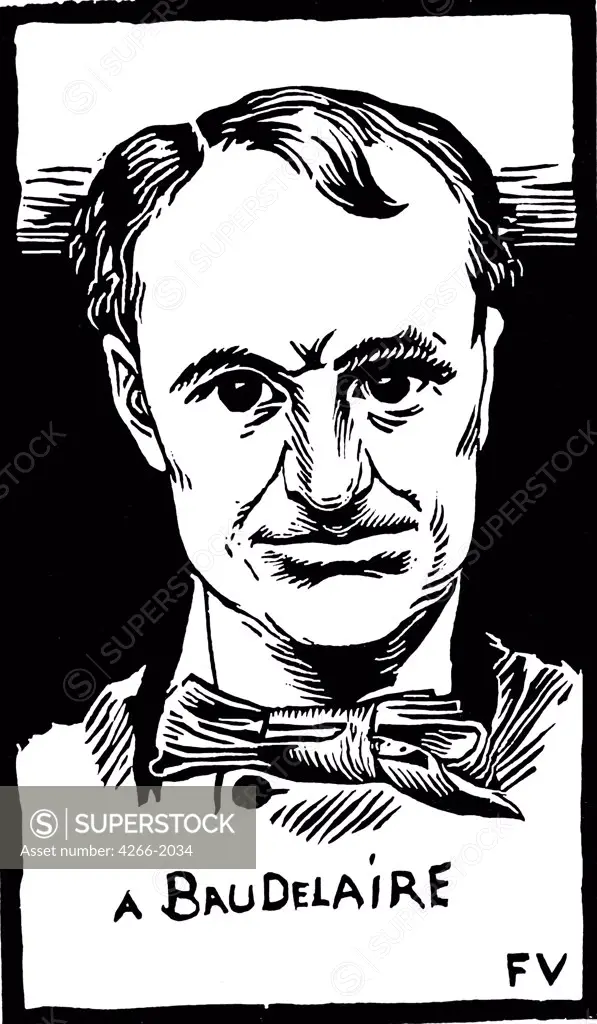 Portrait of Charles Baudelaire by Felix Edouard Vallotton, woodcut, 1892, 1865-1925, Private Collection, 18, 7x11