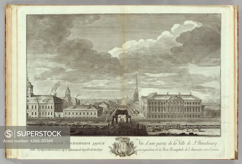 Nevsky Prospekt with the Stroganov Palace (Book to the 50th anniversary of the founding of St. Petersburg) by Kachalov, Grigory Anikeevich (1711-1759)/ Russian National Library, St. Petersburg/ 1753/ Russia/ Copper engraving/ Classicism/ Landscape