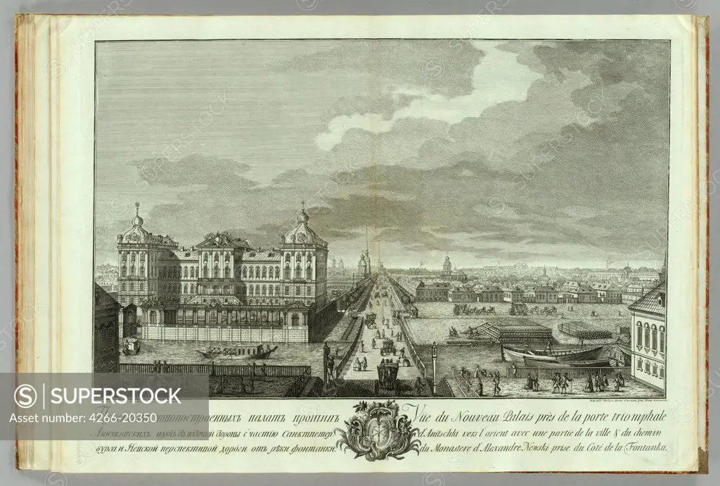 The Newly-Built Chambers Opposite the Anichkov gates (Book to the 50th anniversary of the founding of St. Petersburg) by Vasilyev, Yakov Vasilyevich (1730-1760)/ Russian National Library, St. Petersburg/ 1753/ Russia/ Copper engraving/ Classicism/ Landsc