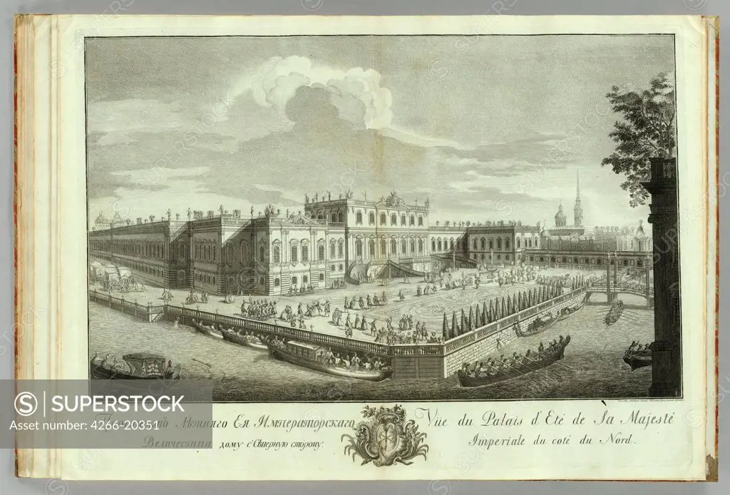 The Summer Palace in St. Petersburg (Book to the 50th anniversary of the founding of St. Petersburg) by Grekov, Alexei Angileevich (1723/26-after 1770)/ Russian National Library, St. Petersburg/ 1753/ Russia/ Copper engraving/ Classicism/ Landscape