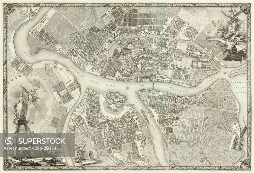 Map of Petersburg (Book to the 50th anniversary of the founding of St. Petersburg) by Russian Master  / Russian National Library, St. Petersburg/ 1753/ Russia/ Copper engraving/ Cartography/ Architecture, Interior,History