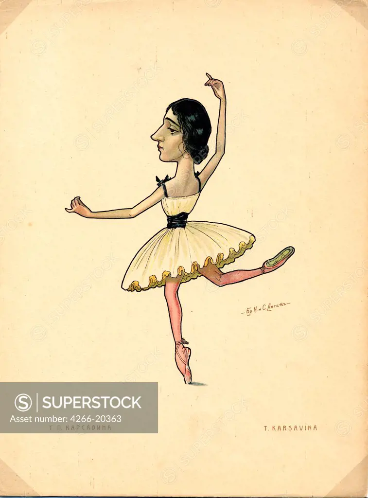Ballet dancer Tamara Karsavina (From: Russian Ballet in Caricatures) by Legat, Nikolai Gustavovich (1869-1937)/ Private Collection/ 1902-1905/ Russia/ Colour lithograph/ Caricature/ Music, Dance,Opera, Ballet, Theatre,Portrait