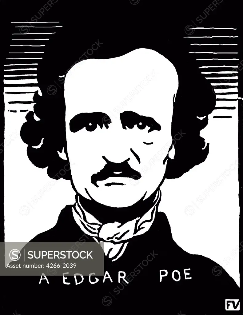 Portrait of Edgar Allan Poe by Felix Edouard Vallotton, woodcut, 1894, 1865-1925, Switzerland, Zurich, Swiss Federal Institute of Technology, 16x12, 5