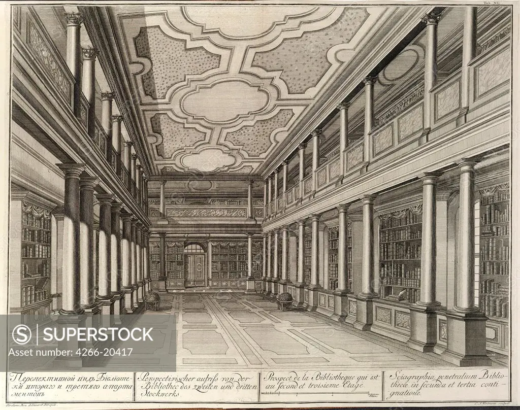 Library (From: The building of the Imperial Academy of Sciences) by Wortmann, Christian Albrecht (1680-1760)/ Museum of Fine Arts Academy, St. Petersburg/ 1741/ Germany/ Etching/ Baroque/ Architecture, Interior