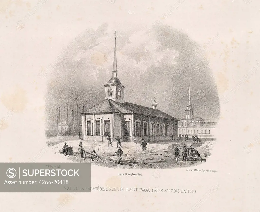 Vief of the first first St. Isaac's Church in 1710 (From: The Construction of the Saint Isaac's Cathedral) by Montferrand, Auguste, de (1786-1858)/ Private Collection/ 1845/ France/ Lithograph/ Classicism/ Architecture, Interior,Landscape