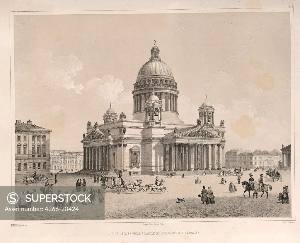 Saint Isaac's Cathedral As Seen From The Admiralteysky Prospekt (From: The Construction of the Saint Isaac's Cathedral) by Montferrand, Auguste, de (1786-1858)/ Private Collection/ 1845/ France/ Lithograph/ Classicism/ Architecture, Interior