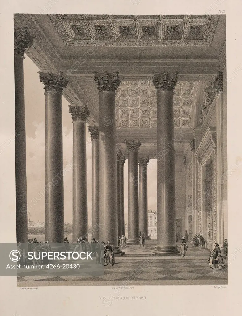 The north portal of the Saint Isaac's Cathedral (From: The Construction of the Saint Isaac's Cathedral) by Montferrand, Auguste, de (1786-1858)/ Private Collection/ 1845/ France/ Lithograph/ Classicism/ Architecture, Interior