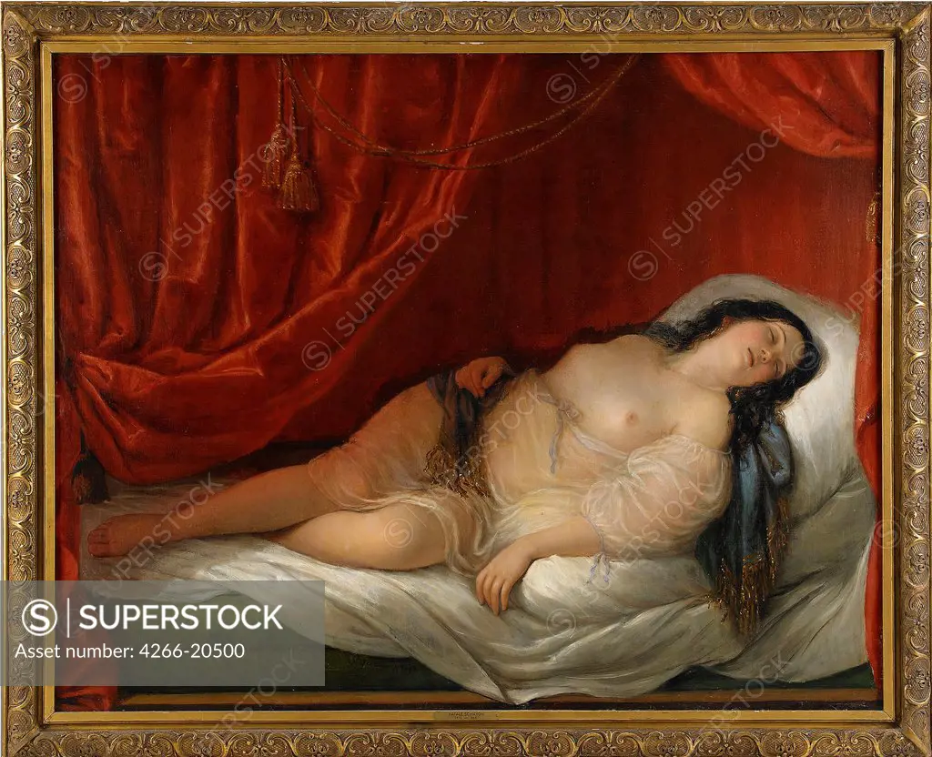 An odalisque in red interior by Schiavoni, Natale (1777-1858)/ Private Collection/ Early 19th cen./ Italy/ Oil on canvas/ Classicism/ 120x154/ Genre,Nude painting