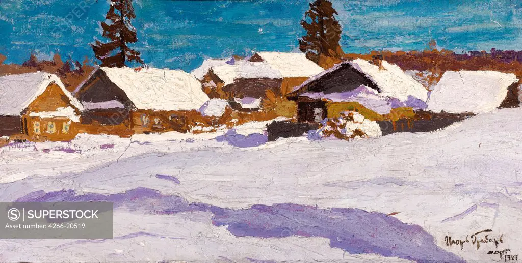 Winter Village by Grabar, Igor Emmanuilovich (1871-1960)/ Private Collection/ 1924/ Russia/ Oil on canvas/ Russian Painting, End of 19th - Early 20th cen./ 23,5x44,5/ Landscape
