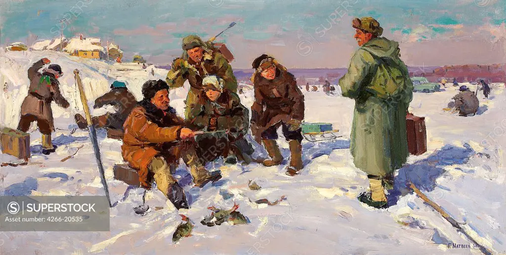 Winter Fishing by Matveyev, Gennady (1920-1990)/ Private Collection/ 1958/ Russia/ Oil on canvas/ Soviet Art/ 51,4x101/ Genre