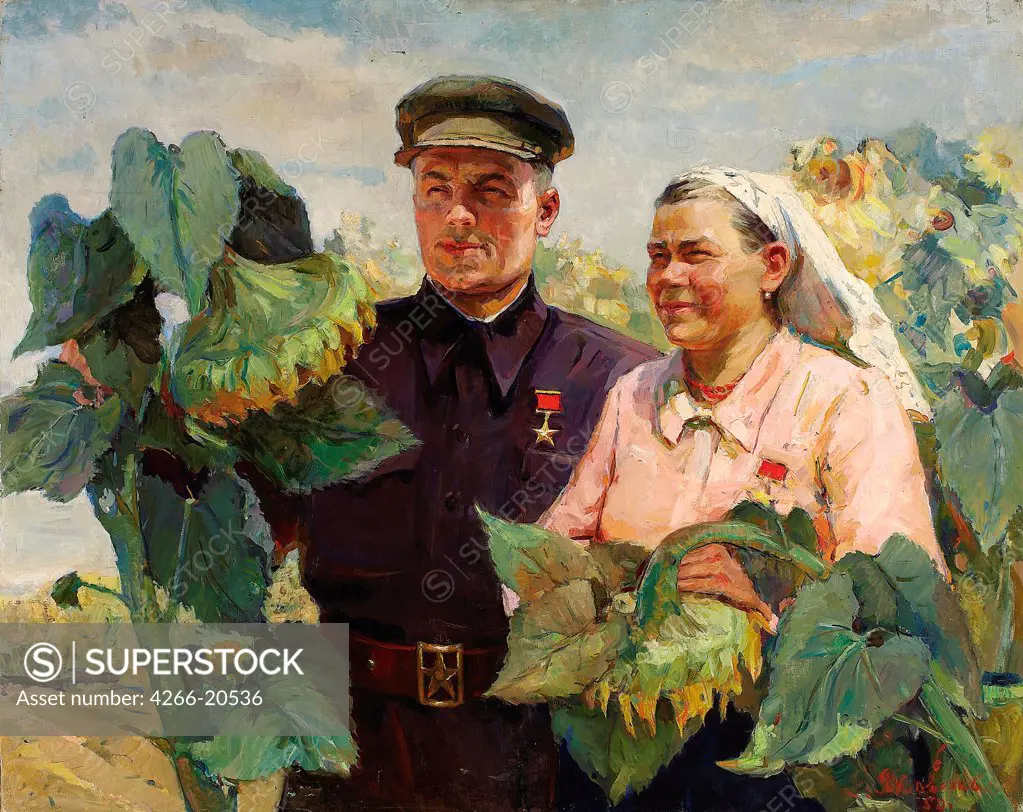 Heroes of Socialist Labor by Yakovenko, Elena Nikolayevna (1914-)/ Private Collection/ 1950/ Ukraine/ Oil on canvas/ Soviet political agitation art/ 96,5x119,4/ Genre
