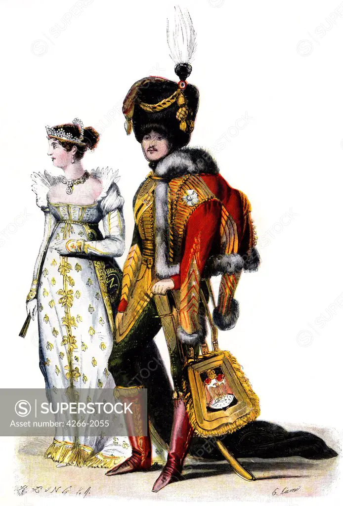 Couple by french master, color woodcut, 1807, Private Collection,