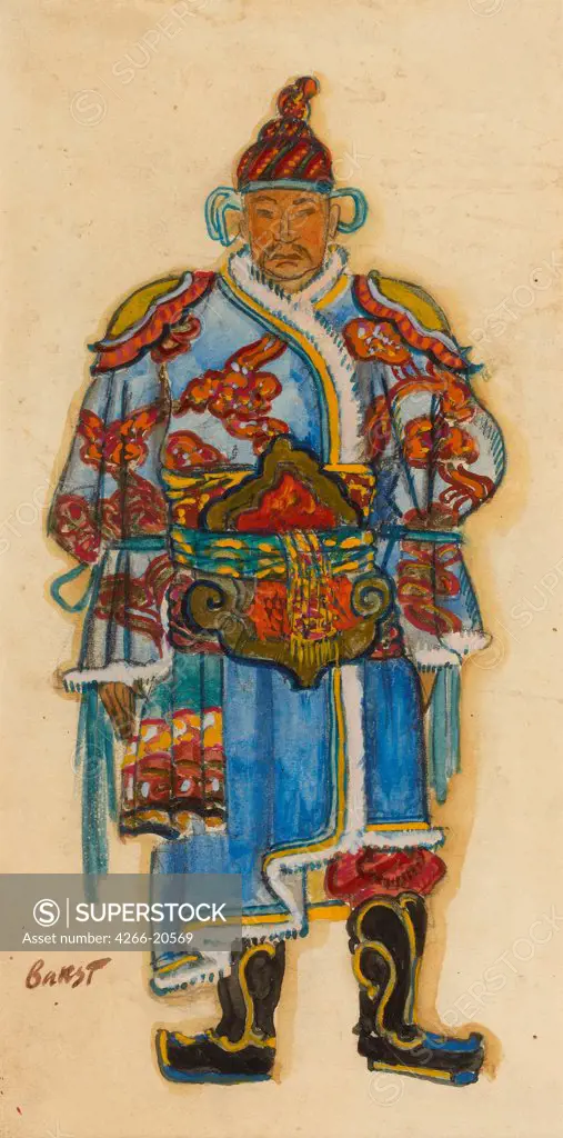 Oriental Costume design by Bakst, Leon (1866-1924)/ Private Collection/ Russia/ Watercolour, Gouache on Paper/ Theatrical scenic painting/ 24,1x12,7/ Opera, Ballet, Theatre