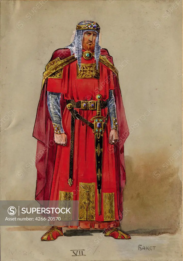 Medieval Prince. Costume design by Bakst, Leon (1866-1924)/ Private Collection/ Russia/ Watercolour, Gouache on Paper/ Theatrical scenic painting/ 25,4x17,8/ Opera, Ballet, Theatre