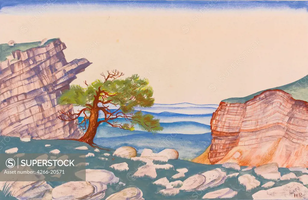 Stage design for the ballet The Rite of Spring (Le Sacre du Printemps) by I. Stravinsky by Roerich, Nicholas (1874-1947)/ Private Collection/ Russia/ Gouache on paper/ Symbolism/ 24,1x34,9/ Opera, Ballet, Theatre,Landscape