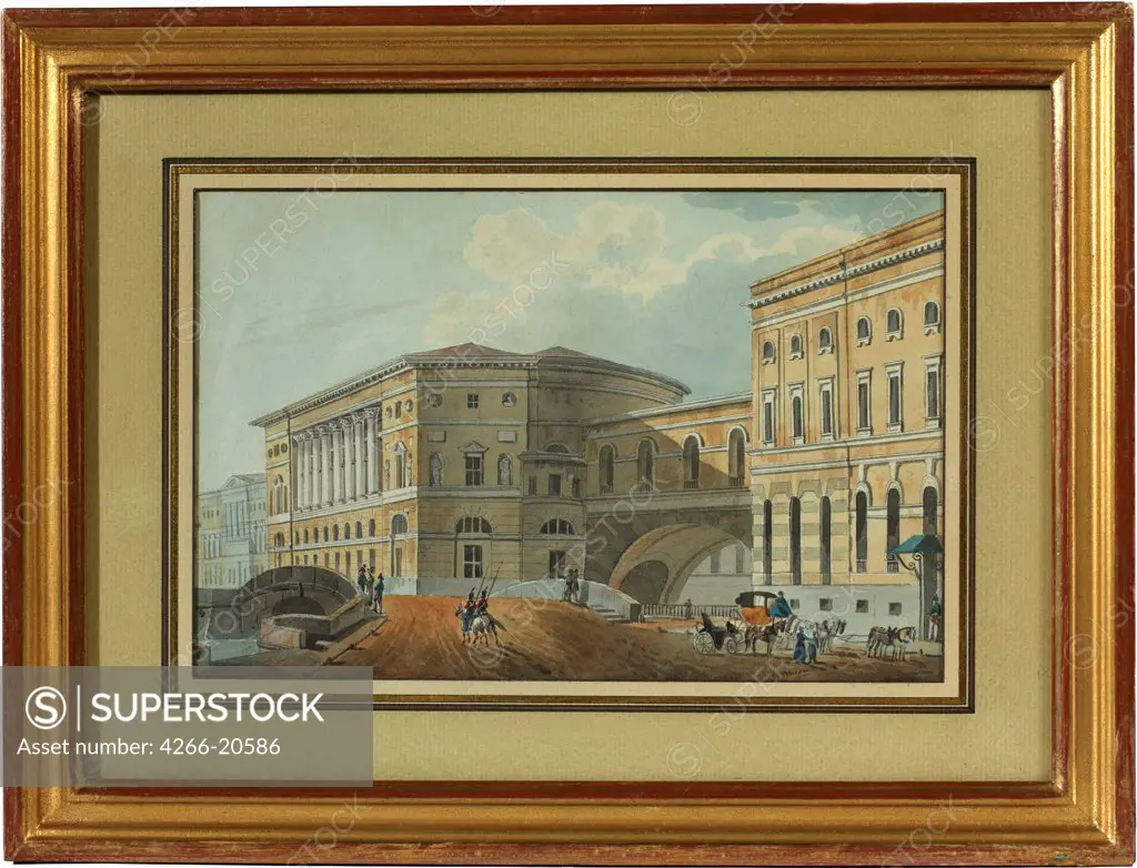 View of the Palace Embankment in St. Petersburg by Kolmann, Karl Ivanovich (1786-1846)/ Patrimoine comte Charles-Andre Colonna Walewski/ First quarter of 19th cen./ Russia/ Watercolour, Gouache on Paper/ Classicism/ 15,5x23,5/ Architecture, Interior,Land