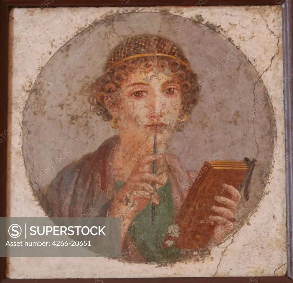 A young woman with book and stylus (So-called Sappho) by Master of Herculaneum (1st century)/ Museo Archeologico Nazionale di Napoli/ ca 50/ Fresco/ Art of Ancient Rome/ D 29/ Portrait,Mythology, Allegory and Literature