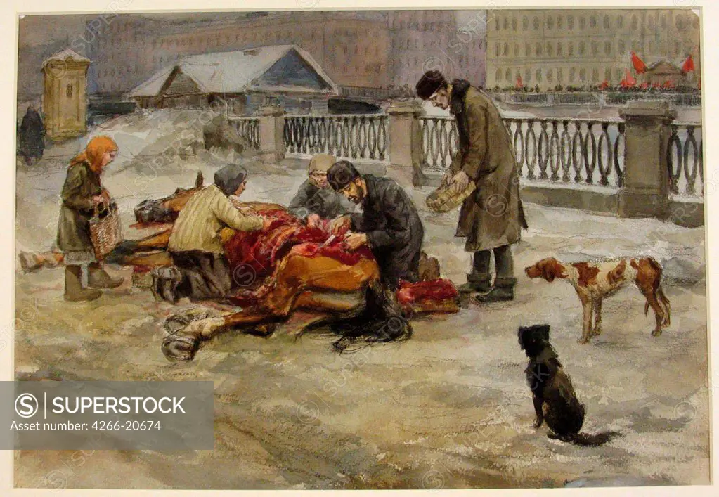 Petrograd in 1918 (from the series of watercolors Russian revolution) by Vladimirov, Ivan Alexeyevich (1869-1947)/ State Museum of Revolution, Moscow/ 1918/ Russia/ Watercolour on paper/ Russian Painting, End of 19th - Early 20th cen./ Genre,History