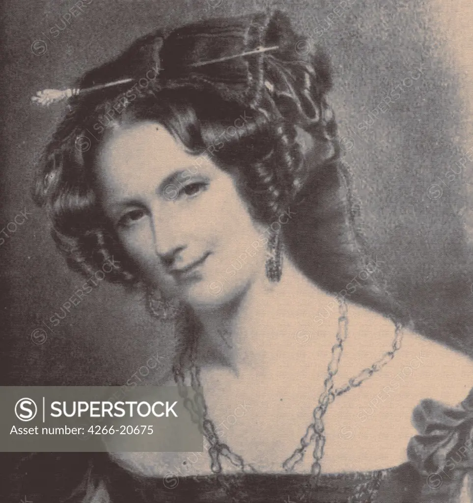 Portrait of Lady Catherine Caroline Montagu (1808-1834), wife of Count Alexandre Joseph Colonna-Walewski by Anonymous  / Private Collection/ 1830s/ Colour lithograph/ Romanticism/ Portrait