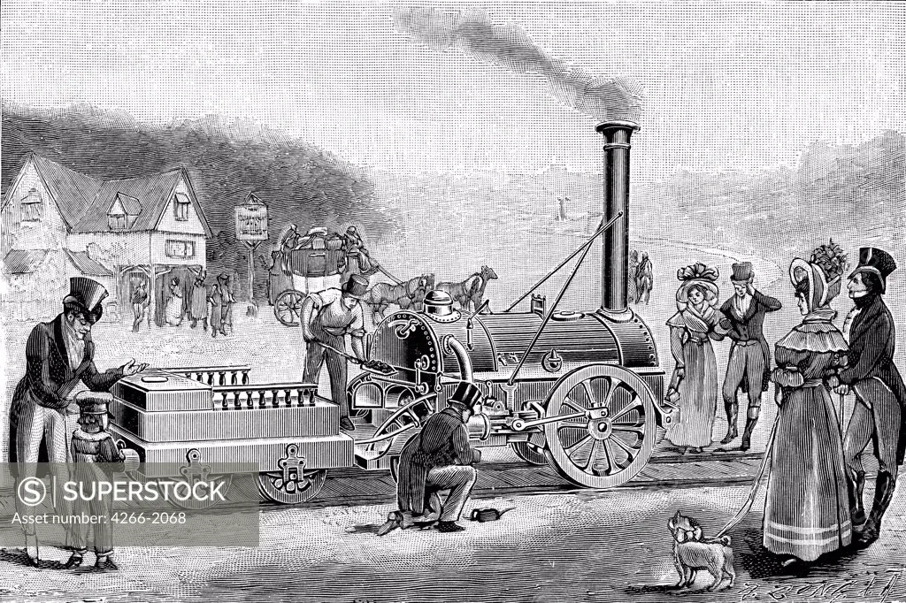 Steam engine by anonymous artist, woodcut, private collection