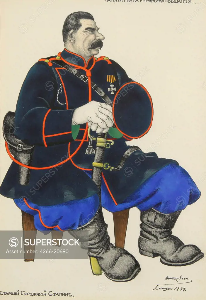 Senior Constable Stalin by Szyk, Arthur (1894-1951)/ Private Collection/ 1937/ Poland/ Gouache and ink on paper/ Caricature/ 24,5x17/ Portrait,History