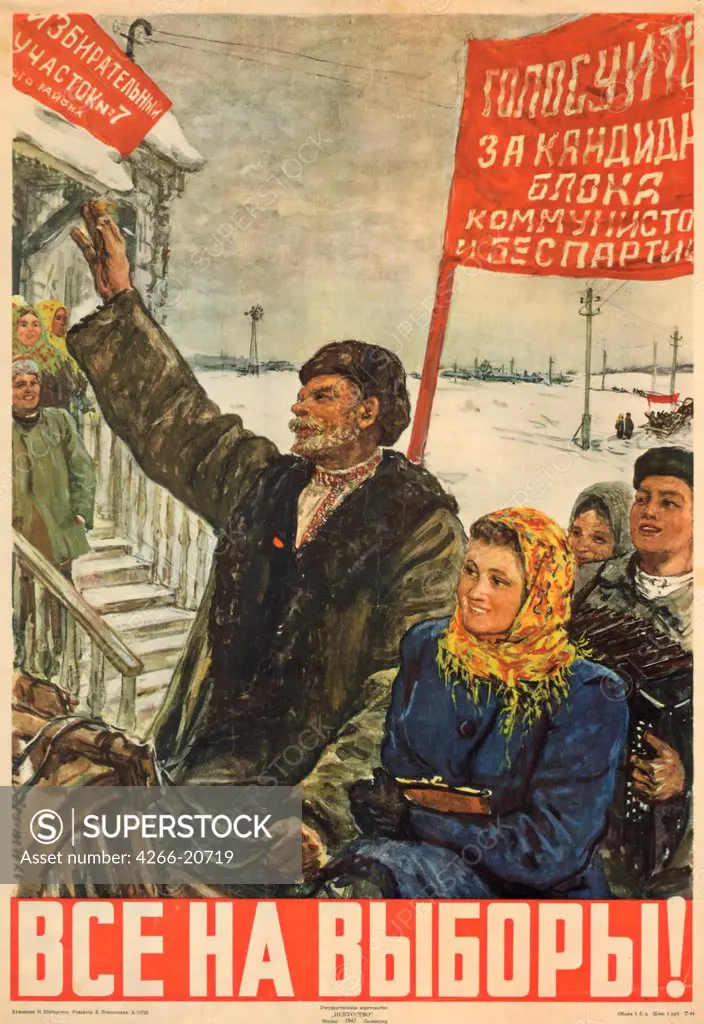 Everyone to the elections! by Sheberstov, Nikolay Alexandrovich (1917-)/ Russian State Library, Moscow/ 1947/ Russia/ Colour lithograph/ Soviet political agitation art/ 84x59/ History,Poster and Graphic design