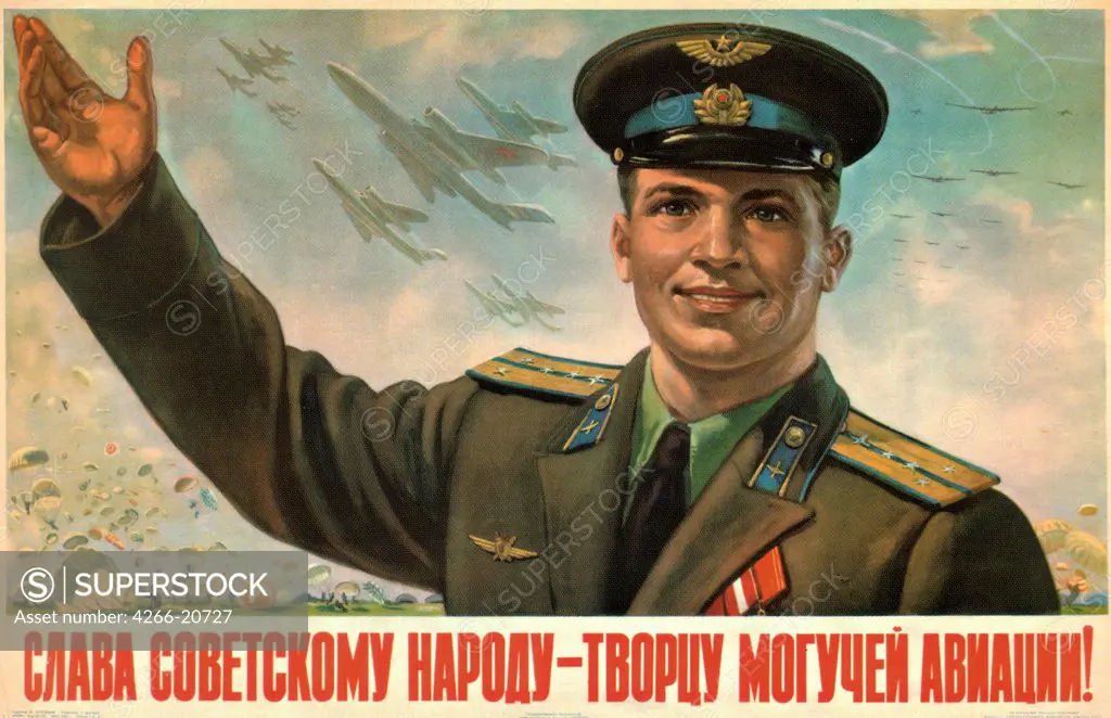 Praise to Soviet people, creators of mighty aviation! by Solovyev, Michail Michailovich (1905-1990)/ Russian State Library, Moscow/ 1954/ Russia/ Colour lithograph/ Soviet political agitation art/ 56x87/ History,Poster and Graphic design